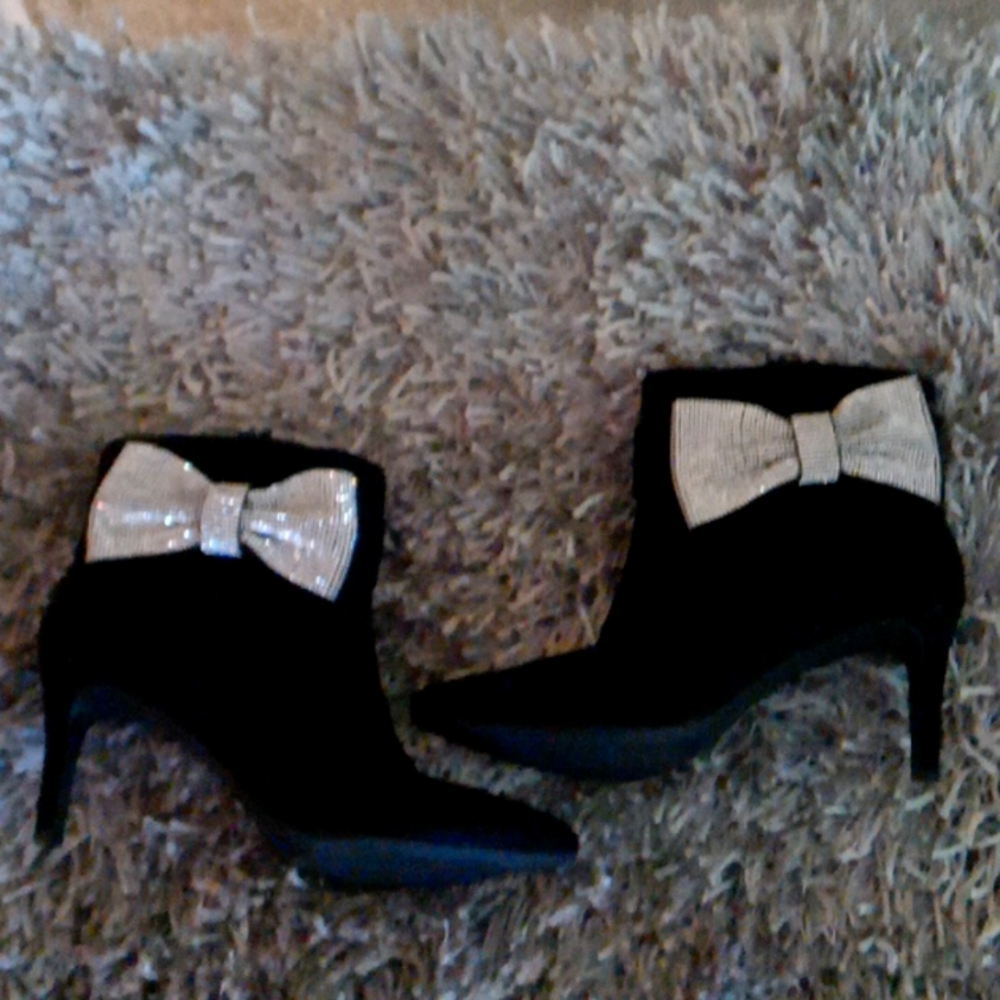 Torrid faux black suede ankle boot with rhinestone bow